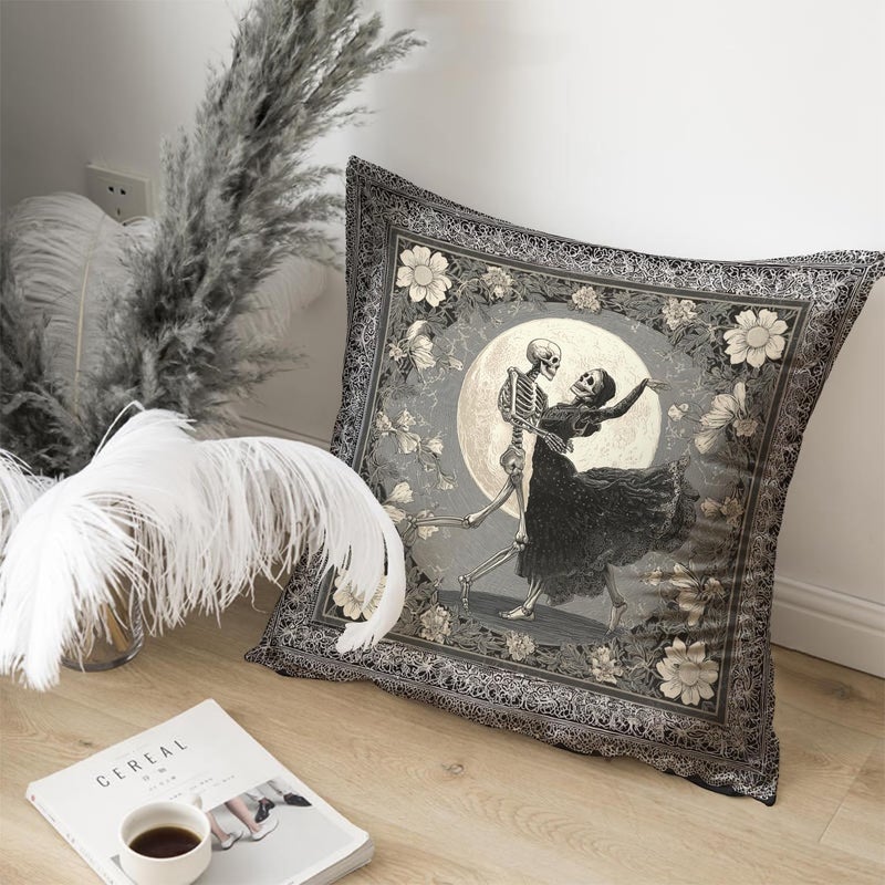 RBAFAO Gothic Floral Throw Pillow Cover, Darkly Elegant Floral Decorative Pillow Spooky Tiki Skull Flower Motif, Witchy Art Deco Pillowcase Cushion Cover for Bed Sofa Living Room (Gray, 18x18inches) - Image 4